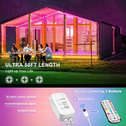 Nexillumi 50ft LED Strip Lights with IR Remote Ultra-Long LED Lights for Bedroom, Dorm, Room Decor App Control Music Sync LED Lights (50Ft APP+ Remote+ Mic Control+ 3-Button Switch)