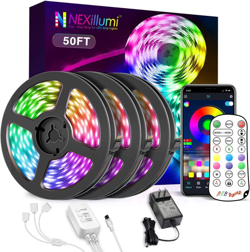 Nexillumi 50ft LED Strip Lights with IR Remote Ultra-Long LED Lights for Bedroom, Dorm, Room Decor App Control Music Sync LED Lights (50Ft APP+ Remote+ Mic Control+ 3-Button Switch)