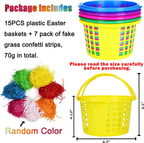 15 PCS Easter Baskets Small with Handles for Kids Egg Hunting-70g Easter Grass Stuffers for Spring Party Crafts Supplies Accessories Decorations Party Favors