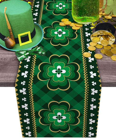 St. Patrick's Day Clover Linen Table Runner Dresser Scarves, Irish Lucky Shamrock Rectangle Tablecloths for Farmhouse Kitchen Dining Wedding Picnic Party 16x72in, Green Buffalo Plaid Checkered