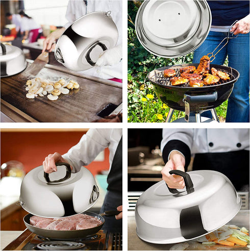 Cheese Melting Dome Set of 2, Leonyo 12" & 9" Metal Steam Basting Cover for Griddle Grill, Heavy Duty Stainless Steel Griddle Accessories for BBQ Flat Top Kitchen Cooking Hamburger, Heat Proof Handle