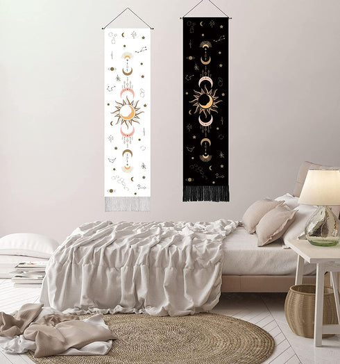 2 pack bohemian decor psychedelic sun and moon phase tapestry wall hanging for bedroom, aesthetic vertical tapestry moon decor with fringe (12.8 x 53.1 inches) black and white boho wall hangings