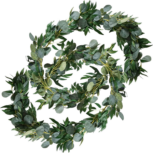 Artificial Eucalyptus Garland Plants with Willow Leaves, 6.5 Ft Faux Hanging Eucalyptus Leaves Greenery Garland 2 Packs for Wedding Backdrop Wall Home Decor, Dark Green