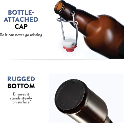 Amber Glass Swing Top Beer Bottles - 16-Ounce (6-Pack) Grolsch Bottles, with Flip-Top Airtight Lid, for Carbonated Drinks, Kombucha, 2nd Fermentation, Water Kefir, UV-Protection Brewing Bottle.