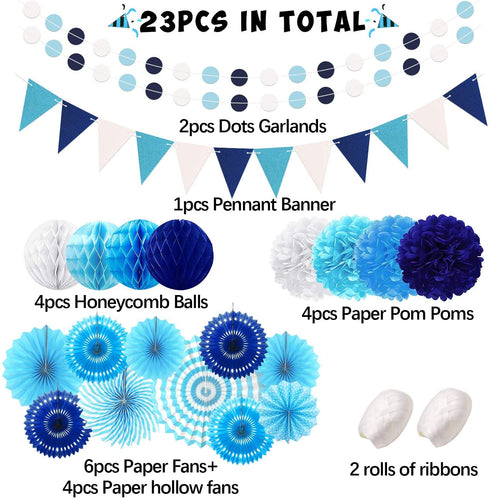 23Pcs Paper Fan Party Decoration, Navy Blue Hanging Paper Fans, Pom Poms Flowers, Garland String Polka Dot and Triangle Bunting Flag Packs for Boy Birthday, Bridal Shower, Baby Showers, Wedding
