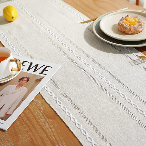 Rustic Farmhouse Style Linen Table Runner, Boho Embroidery Hemstitched Table Runners 108 inches Long with Tassels for Holiday Party and Dining Room Dresser Decor, 13 x 108 inch - Ivory