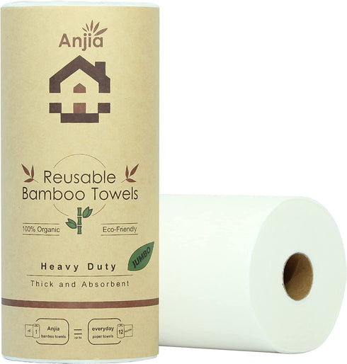 Jumbo Roll Anjia Heavy Duty Reusable Bamboo Towels 40 Sheets/Roll Great as Kitchen Towels, Dish Towels, Cleaning Rags, Shop Towels, and Swedish Dishcloths - Replacement of Paper Towels Bulk
