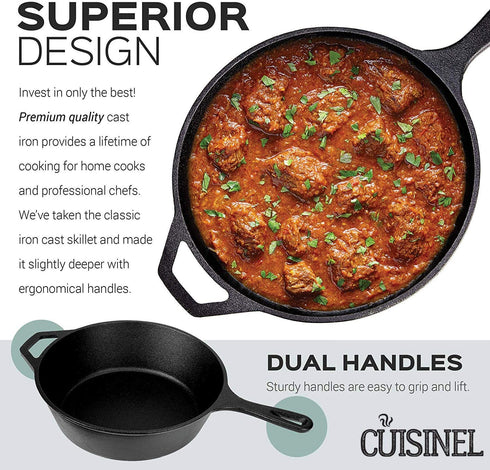 Cuisinel Cast Iron Skillet - 10"-Inch X 3"-Inch-Deep Frying Pan / 3-Quart Pot with Assist Handle - Pre-Seasoned Oven Safe Cookware - Indoor/Outdoor Use - Grill, Stovetop, BBQ, Firepit, Induction Safe