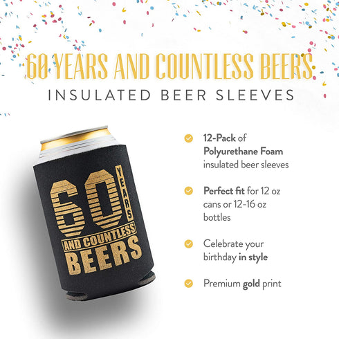 60th Birthday Decor and Party Favors, Beverage Sleeves Gift for Dad's 60th Birthday Party, Decorations and Party Supply, 60s Birthday Decorations for Men, 12-Pack, Black & Gold