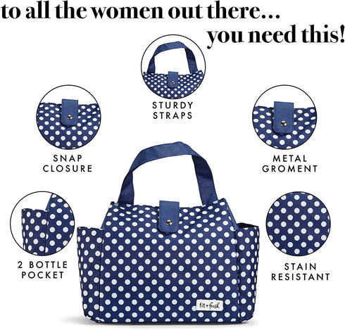 Fit + Fresh Westport Insulated Lunch Bag, Lunch Bag for Women, Reusable Lunch Box, Perfect for Work, School, Beach & More, Classic Navy Dot