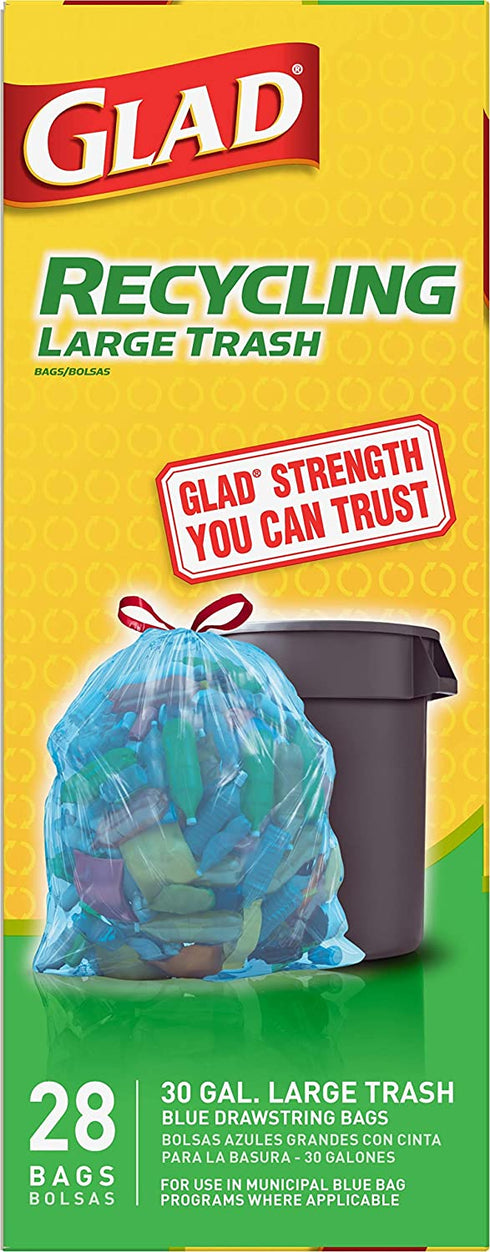 Glad Large Drawstring Recycling Bags - 30 Gallon Blue Trash Bag - 28 Count (Package May Vary) (CXC-212)