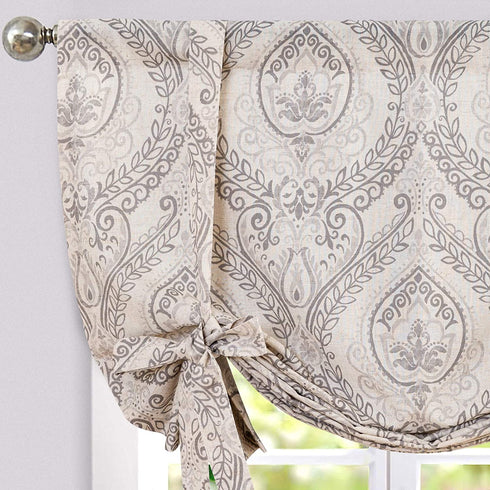 jinchan Tie Up Shade Curtains for Kitchen Living Room Damask Printed Paisley Rod Pocket Drapes Multicolor Medallion Flax Window Curtain 1 Panel 54 inches Long Grey on Beige