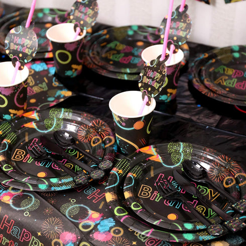 Glow Party Supplies-Complete Pack Glow Party Tableware Including Plates, Cups, Napkins for Glow Birthday, Roller Skating, Ice Skating,Dance Party Serves 16