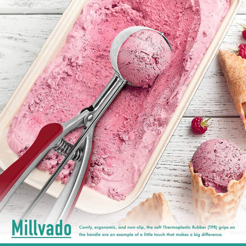 Millvado Stainless Steel Ice Cream and Cookie Scoop | Large Sized, With Red Rubber Grips, Spring Loaded Lever Design, For Sorbet, Melon, Meatballs, Muffins, and More, 3 Ounce Scooper