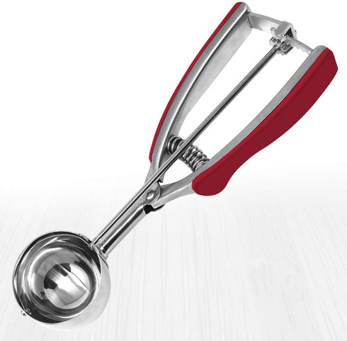 Millvado Stainless Steel Ice Cream and Cookie Scoop | Large Sized, With Red Rubber Grips, Spring Loaded Lever Design, For Sorbet, Melon, Meatballs, Muffins, and More, 3 Ounce Scooper