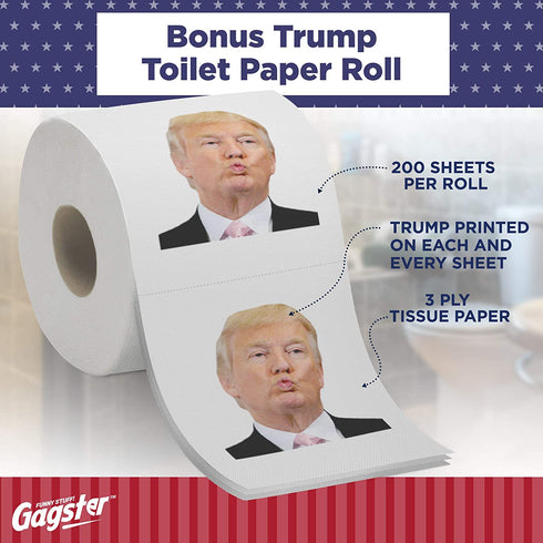Donald Trump Toilet Brush and Trump Toilet Paper Roll Bundle - Funny Political Gag Gift Toilet Bowl Cleaner Scrubber with 3-Ply Bathroom Tissue Paper - Hilarious Trump Hair Unique Gift Idea