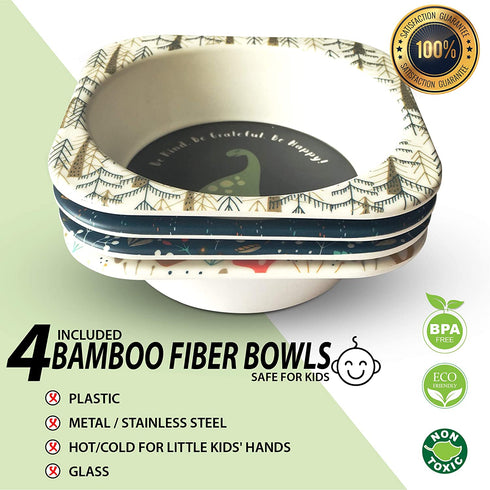 Bamboo Bowls for Kids, Super Cute - Easy to Clean - Eco Friendly Kids Bowls, Non Toxic - BPA Free - Dishwasher Safe Bamboo Bowl, Perfect Size Toddler Bowls, 14 Oz, 4 Pack