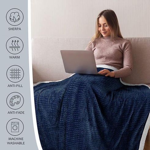Tirrinia Super Soft Sherpa Throw Blanket Dark Blue Chevron 50" x 60" Reversible Fuzzy Micro Plush All Season Fleece TV Blanket for Bed or Couch