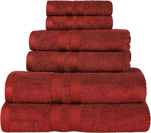 SUPERIOR Cotton Quick Drying 6-Piece Solid Towel Set, Washcloths 13 x 13, Hand Towels 16 x 30, Bath Towels 30 x 52, Maroon