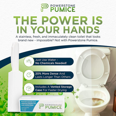 Powerstone Powerhouse Pumice Toilet Bowl Cleaning Stone with Handle (2-pack) Removes Stains, Limescale, Hard Water Rings, Calcium Buildup, Iron and Rust