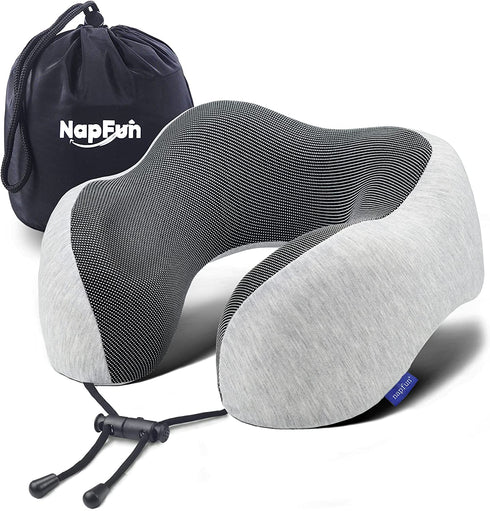 NAPFUN Neck Pillow for Traveling, Upgraded Travel Neck Pillow for Airplane 100% Pure Memory Foam Travel Pillow for Flight Headrest Sleep, Portable Plane Accessories, Light Grey