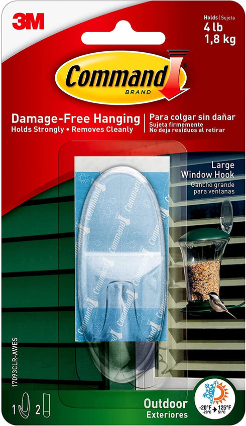 Command Outdoor Large Window Hook, Clear, 1-Hook, 2-Strips, Decorate Damage-Free