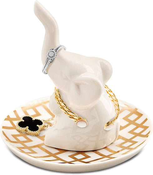 Elephant Ring Holder Ring Dish, Ring Holder for Jewelry, Bracelet, Jewelry, Trinket Tray/Dish, White & Decorative Gold, Wedding Ring, Diamond Ring & Engagement Ring Holder, Office & Home Decor