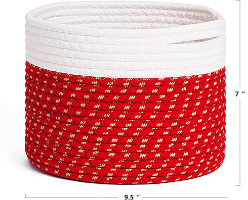 LixinJu Small Baskets for Organizing Small Woven Basket Set of 2 Red Small Rope Basket Set with Handle for Toy Cotton Round Storage Kids Baby Dog Cat Gifts, 9.5"x9.5"x7"