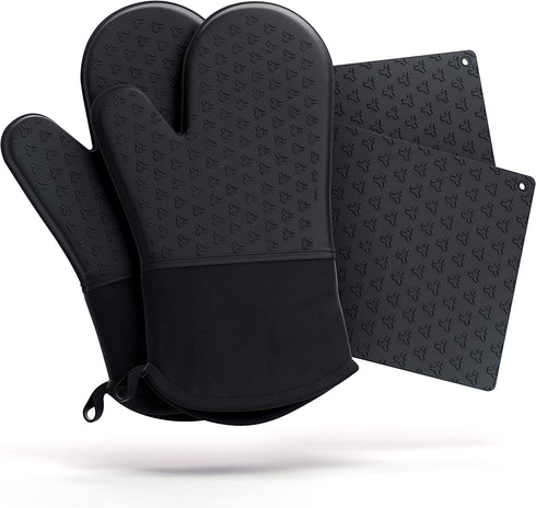 Cosy House Collection 4-Piece Oven Mitt & Pot Holder Set - Non-Slip Silicone & Cotton 500°F Heat Resistant Trivet Cooking Gloves- for Cooking & Baking (Black)