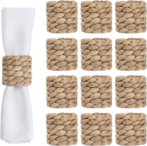 WOHIWO Napkin Rings Set of 12, Farmhouse Napkin Rings Handmade by Natural Water Hyacinth, Woven Napkin Rings for Christmas, Party, Wedding, Supplies for Dinner Table Decoration