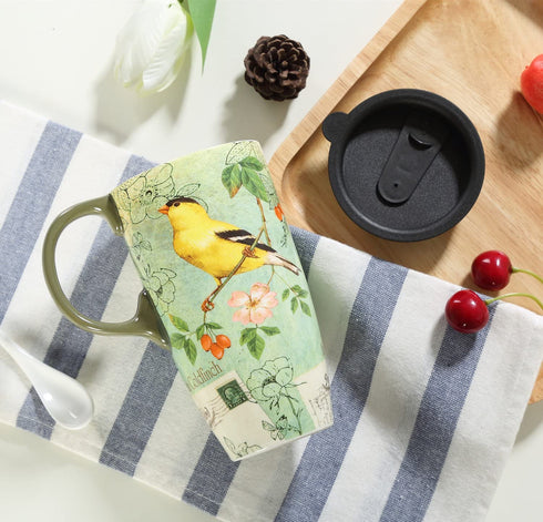 CEDAR HOME Coffee Ceramic Mug Porcelain Latte Tea Cup With Lid in Gift Box 17oz. Yellow Song Bird