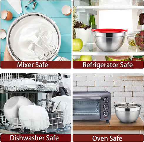 Mixing Bowls with Red Lids Set, P&P CHEF Stainless Steel Mix Nested Bowl for Salad Fruits Egg Cream Mixing, Size 4.6, 3, 1.5, 1, 0.7 QT, Refrigerator & Dishwasher Safe