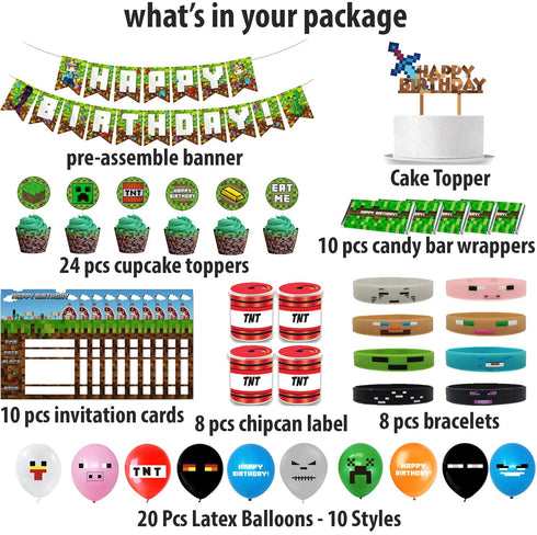 Pixel Style Gamer Birthday Party Supplies includes Banner - Cake and Cupcake Toppers - Balloons - Bracelets - Invitation Cards - Candy Bar Wrappers - Chip Can Labels