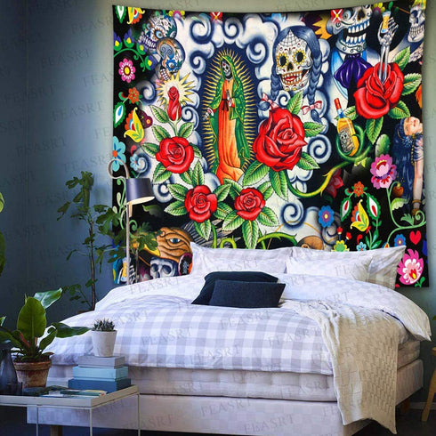 FEASRT Day of Dead Tapestry Skull Tapestry Mexican Skeleton Tapestries for Bedroom Living Room Apartment Dorm Decorations Wall Art Decor Tapestry 60x60 Inches GTZYAY427