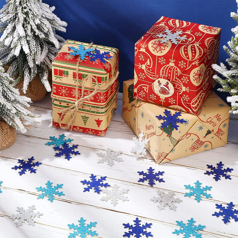 100 Pieces Snowflake Confetti Double-sided Sprinkles Christmas Snowflake Confetti Glitter Snowflake Confetti Decoration for Christmas Baby Shower Birthday Party Supplies (Silver, Blue, Royal Blue)