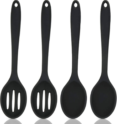 4 Pieces Silicone Cooking Spoons Set Silicone Serving Spoon Silicone Nonstick Mixing Spoons Slotted Spoons Large Nonstick Heat Resistant Spoons for Kitchen Cooking Bake Stir Draining Tool (Black)