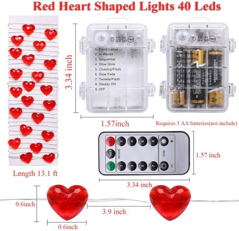 Cooraby 13.1 Feet 40 Heart Shaped LED String Lights Twinkle Fairy Lights Battery Operated with 8 Flash Modes, Remote and Timer for Indoor Outdoor Party Wedding Valentine's Day Mother's Day Decor