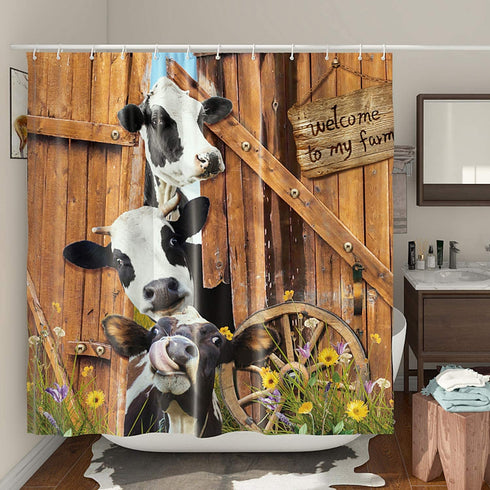 DESIHOM Farm Cow Shower Curtain Farmhouse Barn Door Shower Curtain Rustic Wood Shower Curtain Country Shower Curtain Polyester 72x72 Inch
