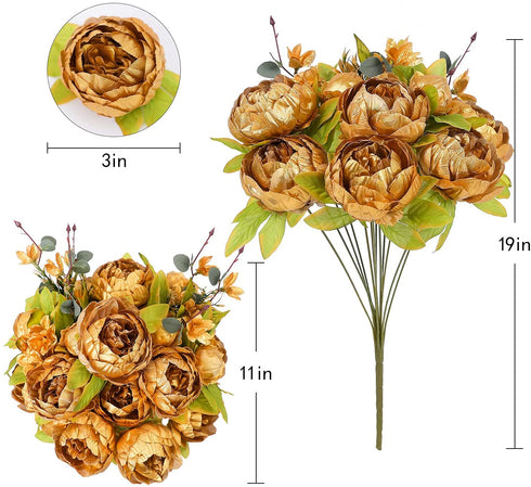 JUSTOYOU 2 Bunches Artificial Peonies, 12 Heads Faux Peony Flowers, Peonies Flowers for Decoration, Silk Flowers Bulk, Flores Artificiales para Decoracion, for Wedding, Party Decor (Gold)
