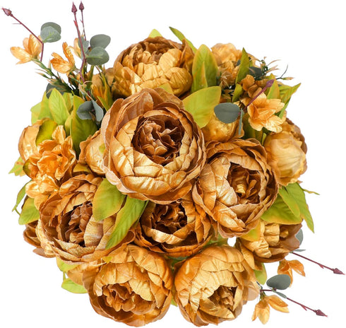 JUSTOYOU 2 Bunches Artificial Peonies, 12 Heads Faux Peony Flowers, Peonies Flowers for Decoration, Silk Flowers Bulk, Flores Artificiales para Decoracion, for Wedding, Party Decor (Gold)