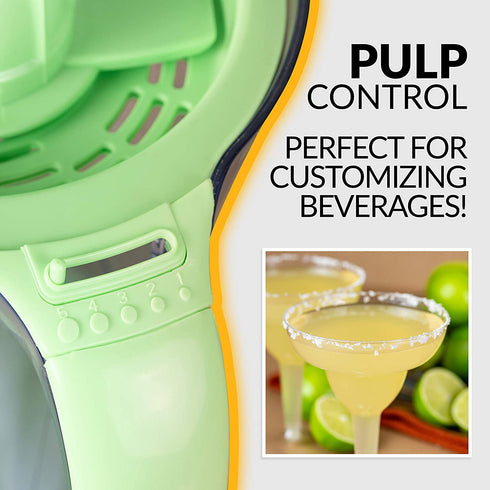 Nostalgia Taco Tuesday Electric Lime Juicer & Margarita Kit, Holds Margaritas, Daiquiris, Smoothies, Slushies, with Salt/Sugar Rimmer, Includes Four 8-Oz. Glasses, 32-Ounce, Green
