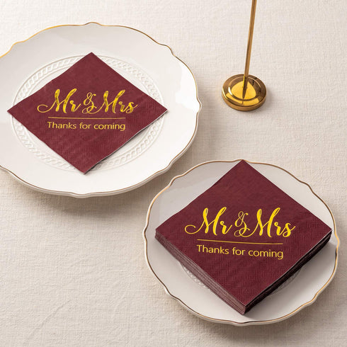 Crisky Wedding Napkins Mr Mrs Burgundy Gold Cocktail Beverage Dessert Napkins for Wedding Shower Engagement Party Decorations, 100 Pcs, 3-Ply