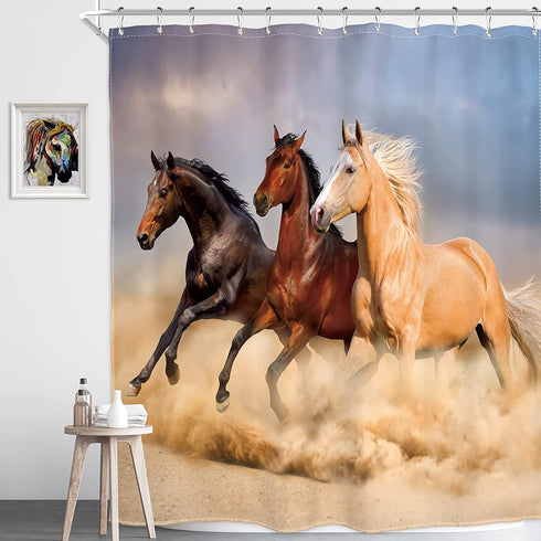 Homewelle Horse Shower Curtain 60Wx72L Inch Southwest Retro Cowboy Farm Galloping Herd Wilderness Running Sand Masculine Pasture Stallion Desert 12 Pack Shower Hooks Polyester Fabric Bathroom Bathtub