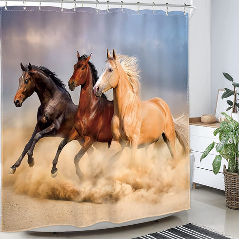 Homewelle Horse Shower Curtain 60Wx72L Inch Southwest Retro Cowboy Farm Galloping Herd Wilderness Running Sand Masculine Pasture Stallion Desert 12 Pack Shower Hooks Polyester Fabric Bathroom Bathtub