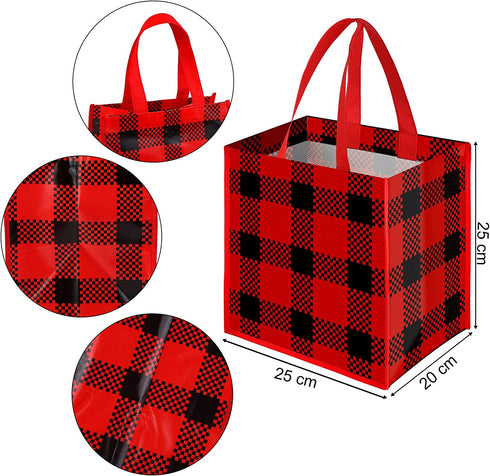Aneco 12 Pieces Red and Black Plaid Non-Woven Bags Christmas Party Treat Bags Gift Tote Bags 9.8 x 7.9 x 9.8 Inch for Party Favors
