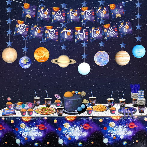 XJLANTTE Outer Space Party Supplies - Solar System Galaxy Planet Theme Happy Birthday Banner, Plates, Napkins, Cup, Straws, Knives, Fork, Spoon and Tablecloth for Boys Decorations, Serves 20 Guests