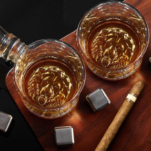 Whiskey Glasses Set of 4, Haunio 10 Oz Old Fashioned Crystal Whiskey Glasses with Lion Pattern, Thick Bottom and Luxury Box for Scotch, Bourbon, Liquor, Cognac and Cocktails, Gifts for Men Women