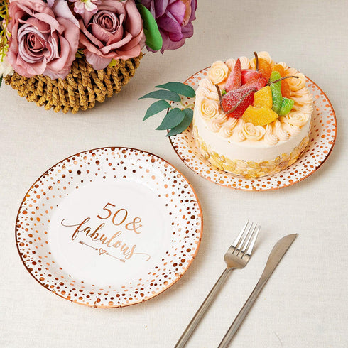 Crisky 50 Fabulous Disposable Plates for Women 50th Birthday Decorations Rose Gold Dessert, Buffet, Cake, Lunch, Dinner Disposable Plates 50th Birthday Party Table Supples, 50 Count, 9 inches