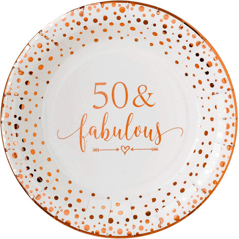 Crisky 50 Fabulous Disposable Plates for Women 50th Birthday Decorations Rose Gold Dessert, Buffet, Cake, Lunch, Dinner Disposable Plates 50th Birthday Party Table Supples, 50 Count, 9 inches