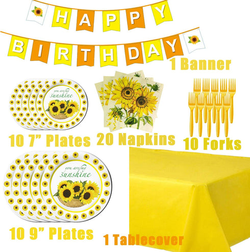 Sunflower Party Supplies Party Favors Sunflowers Birthday Party Decorations for 10 Guests, Including Disposable Paper Plates, Banner, Napkins, Forks and Tablecloths Pack Set for Kids Boy and Girls